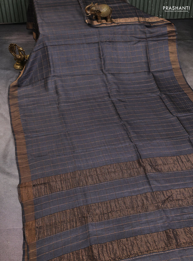 Pure tussar silk saree elephant grey and green with allover zari checked pattern and zari woven border