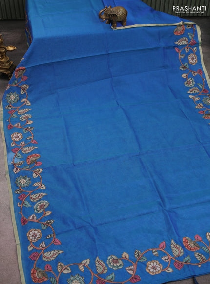 Kota saree dual shade of bluish green with kalamkari applique work
