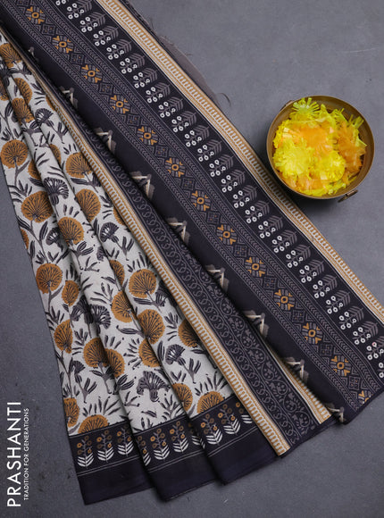 Jaipur cotton saree dark mustard and black with allover prints and printed border