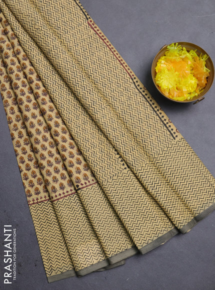 Jaipur cotton saree sandal and grey with allover butta prints and zig zag printed border