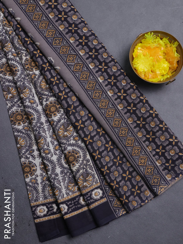 Jaipur cotton saree mustard yellow and black with allover prints and printed border