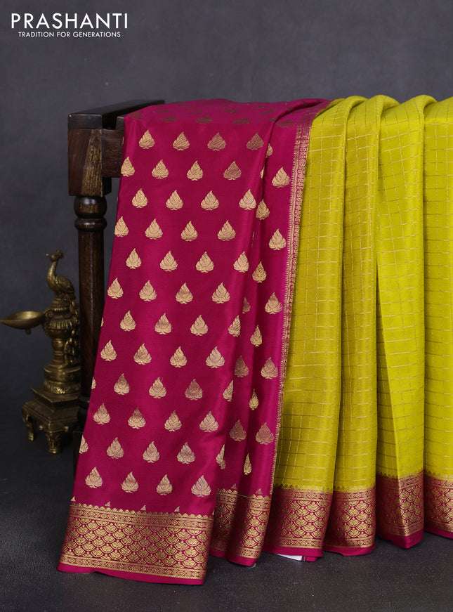 Pure mysore silk partly saree lime yellow and pink with allover zari woven checked pattern and zari woven border