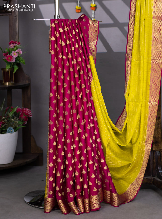 Pure mysore silk partly saree lime yellow and pink with allover zari woven checked pattern and zari woven border
