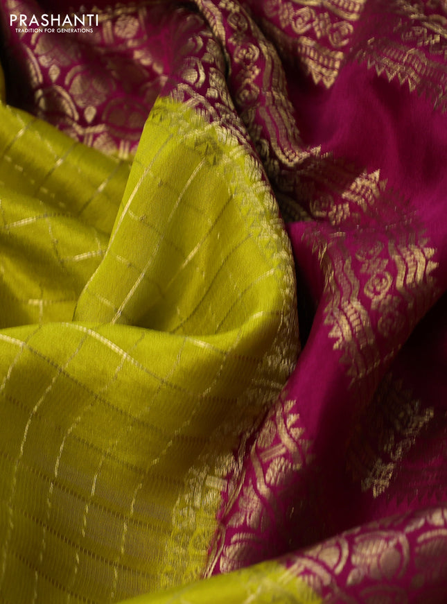 Pure mysore silk partly saree lime yellow and pink with allover zari woven checked pattern and zari woven border