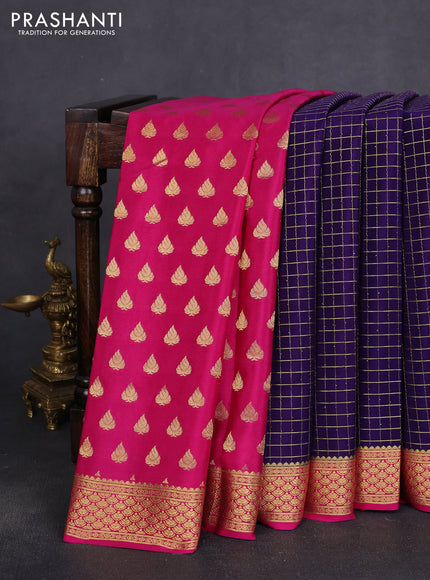 Pure mysore silk partly saree deep violet and pink with allover zari woven checked pattern and zari woven border