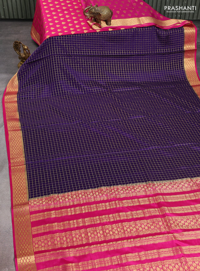 Pure mysore silk partly saree deep violet and pink with allover zari woven checked pattern and zari woven border