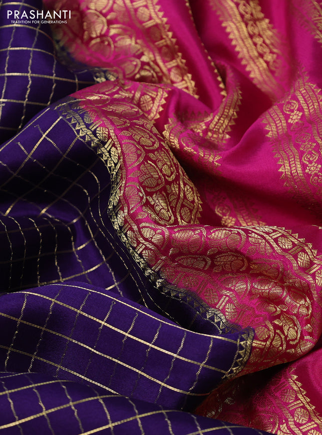 Pure mysore silk partly saree deep violet and pink with allover zari woven checked pattern and zari woven border
