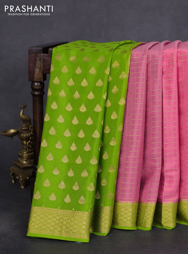 Pure mysore silk partly saree peach pink and light green with allover zari woven checked pattern and zari woven border