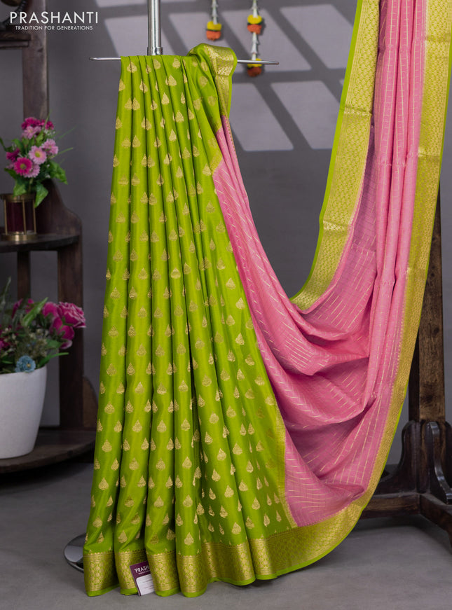 Pure mysore silk partly saree peach pink and light green with allover zari woven checked pattern and zari woven border