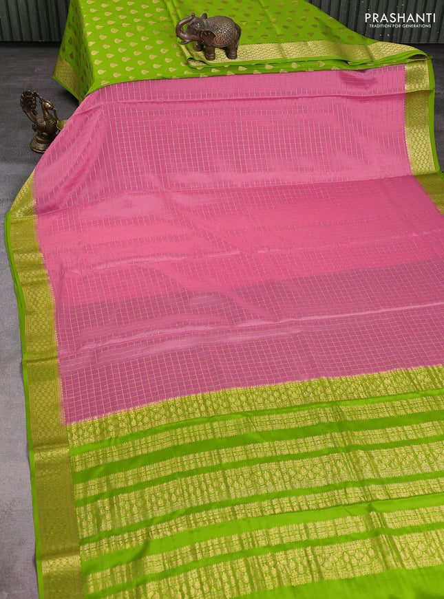 Pure mysore silk partly saree peach pink and light green with allover zari woven checked pattern and zari woven border
