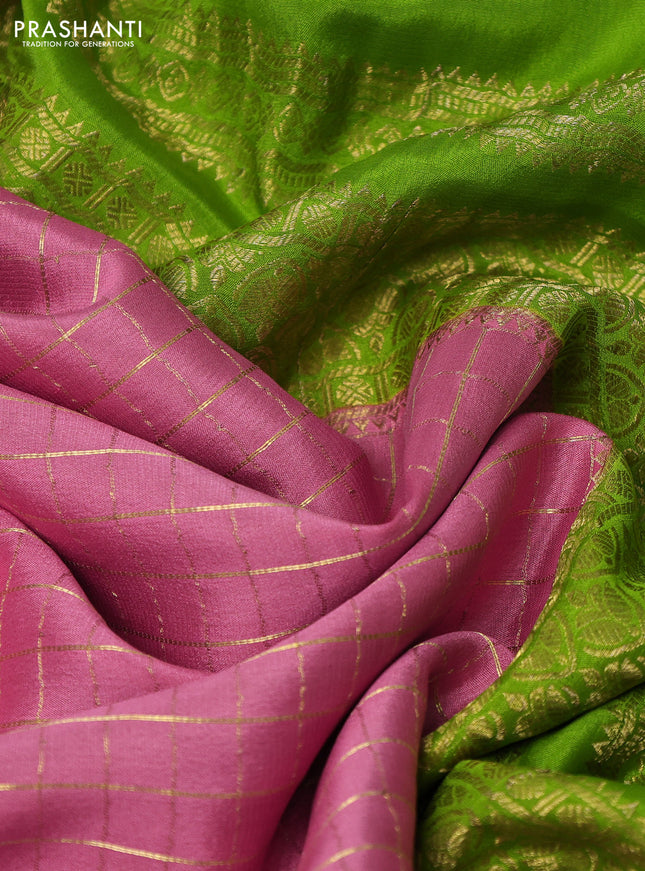 Pure mysore silk partly saree peach pink and light green with allover zari woven checked pattern and zari woven border