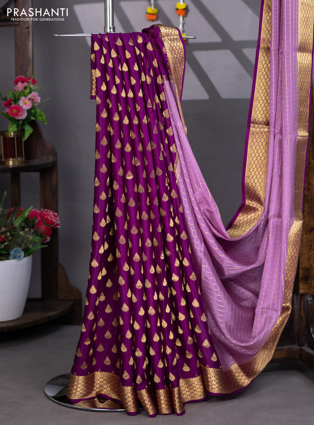 Pure mysore silk partly saree lavender and purple with allover zari woven checked pattern and zari woven border