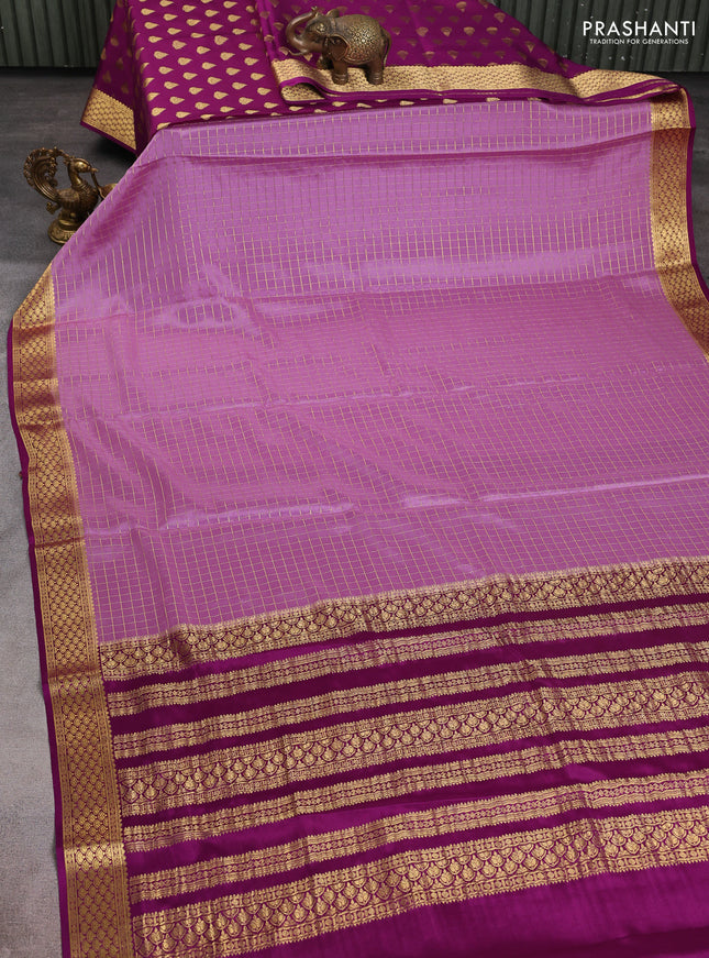 Pure mysore silk partly saree lavender and purple with allover zari woven checked pattern and zari woven border