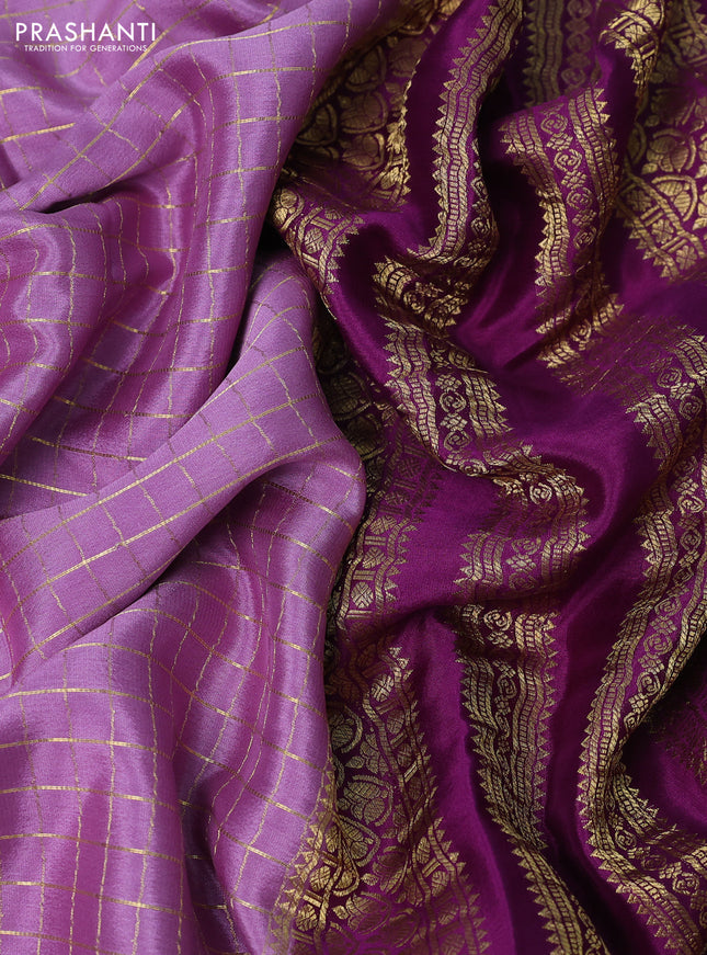 Pure mysore silk partly saree lavender and purple with allover zari woven checked pattern and zari woven border
