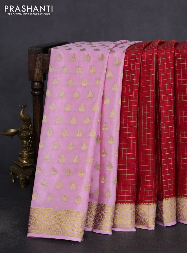 Pure mysore silk partly saree red and baby pink with allover zari woven checked pattern and zari woven border