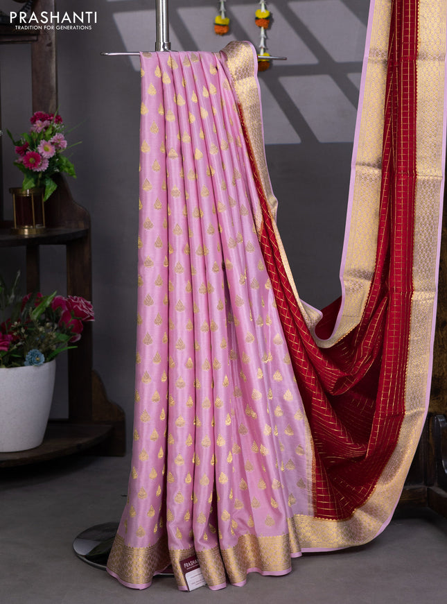 Pure mysore silk partly saree red and baby pink with allover zari woven checked pattern and zari woven border