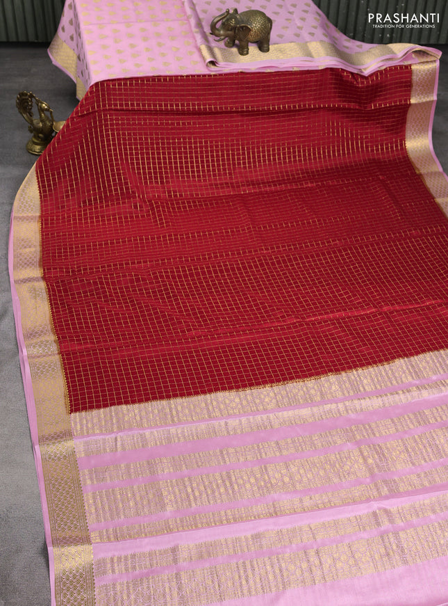 Pure mysore silk partly saree red and baby pink with allover zari woven checked pattern and zari woven border