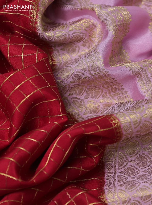 Pure mysore silk partly saree red and baby pink with allover zari woven checked pattern and zari woven border