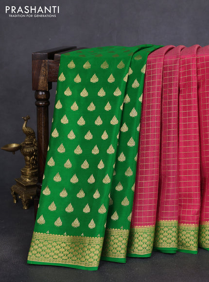 Pure mysore silk partly saree pink shade and green with allover zari woven checked pattern and zari woven border