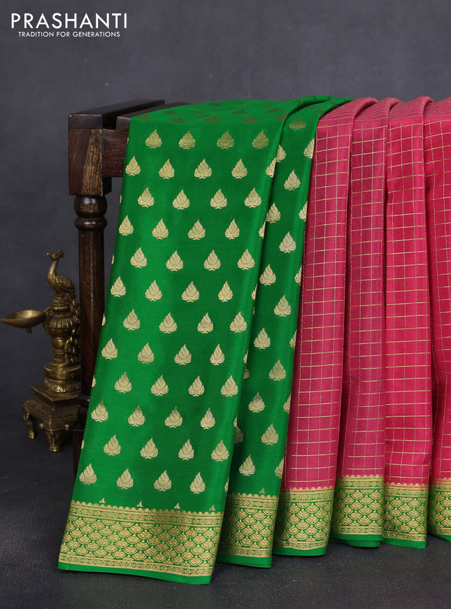 Pure mysore silk partly saree pink shade and green with allover zari woven checked pattern and zari woven border