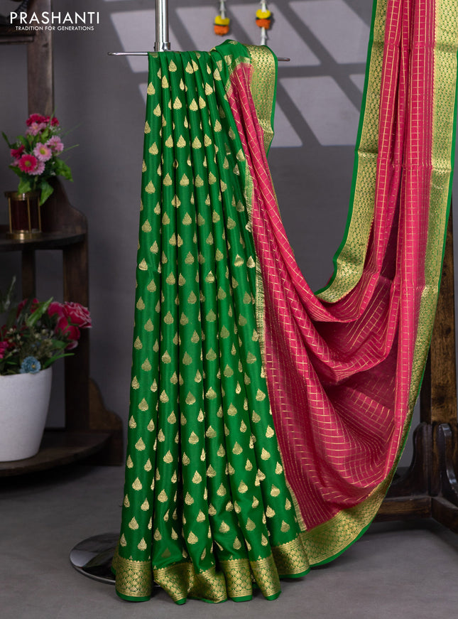 Pure mysore silk partly saree pink shade and green with allover zari woven checked pattern and zari woven border