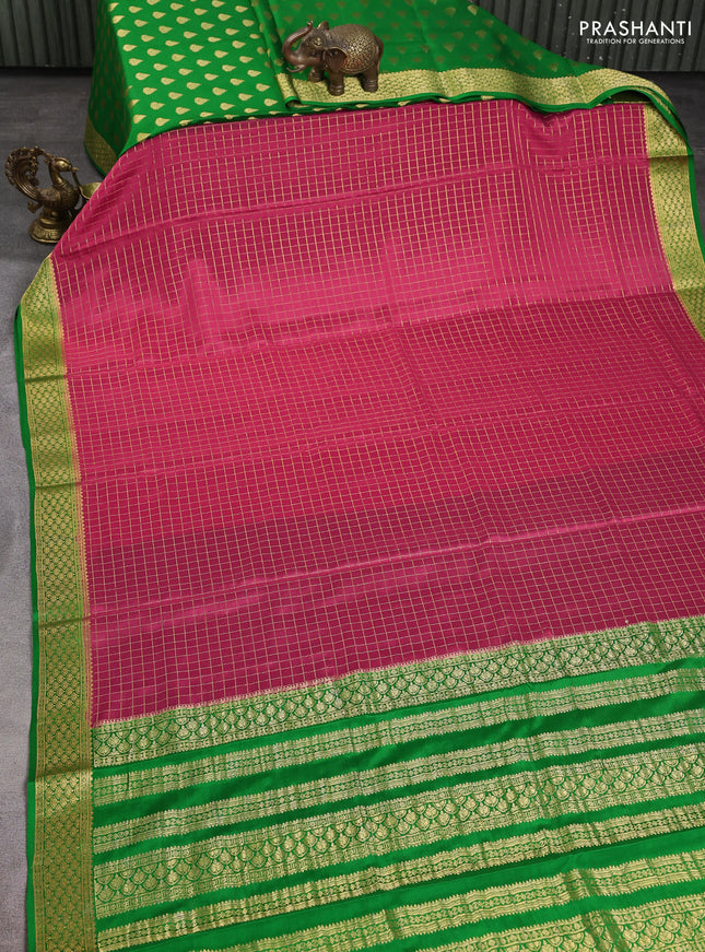 Pure mysore silk partly saree pink shade and green with allover zari woven checked pattern and zari woven border