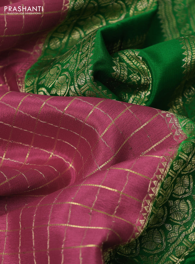 Pure mysore silk partly saree pink shade and green with allover zari woven checked pattern and zari woven border
