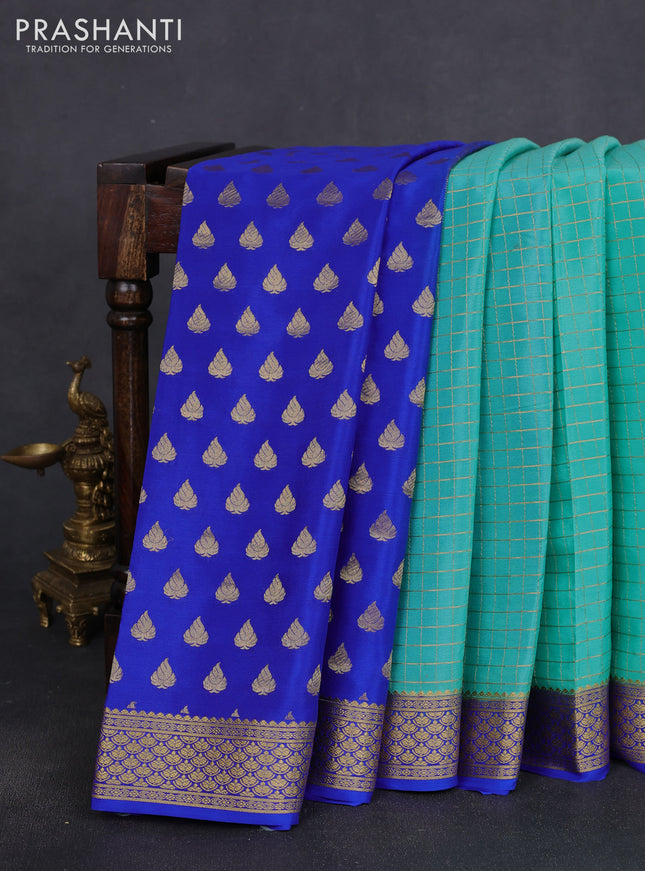 Pure mysore silk partly saree teal blue and blue with allover zari woven checked pattern and zari woven border