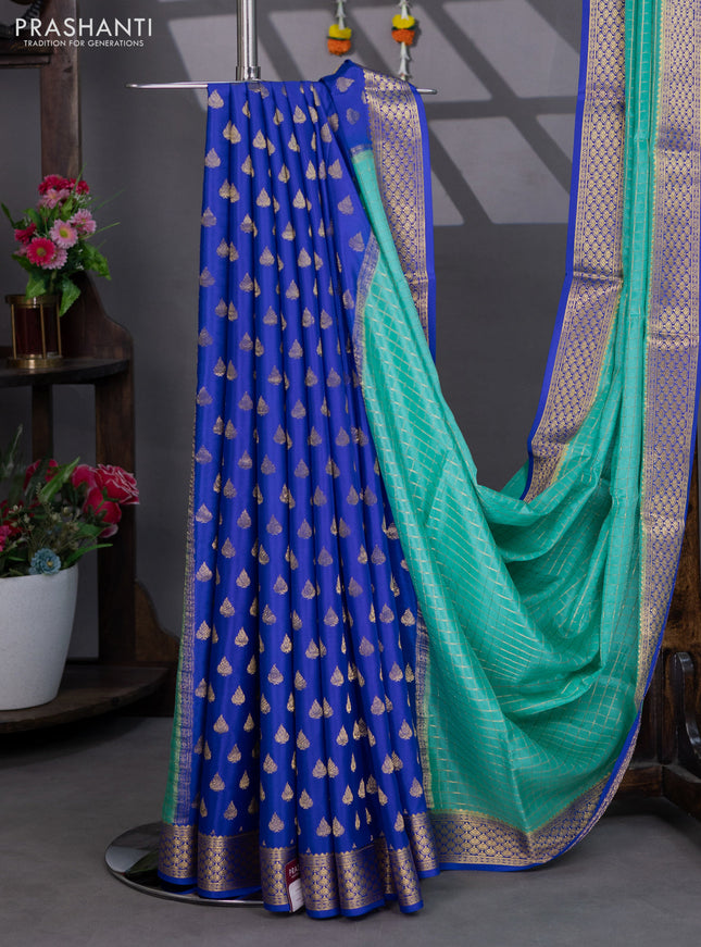Pure mysore silk partly saree teal blue and blue with allover zari woven checked pattern and zari woven border