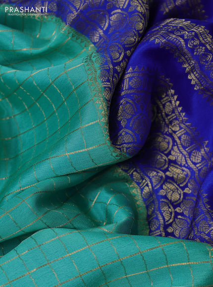 Pure mysore silk partly saree teal blue and blue with allover zari woven checked pattern and zari woven border