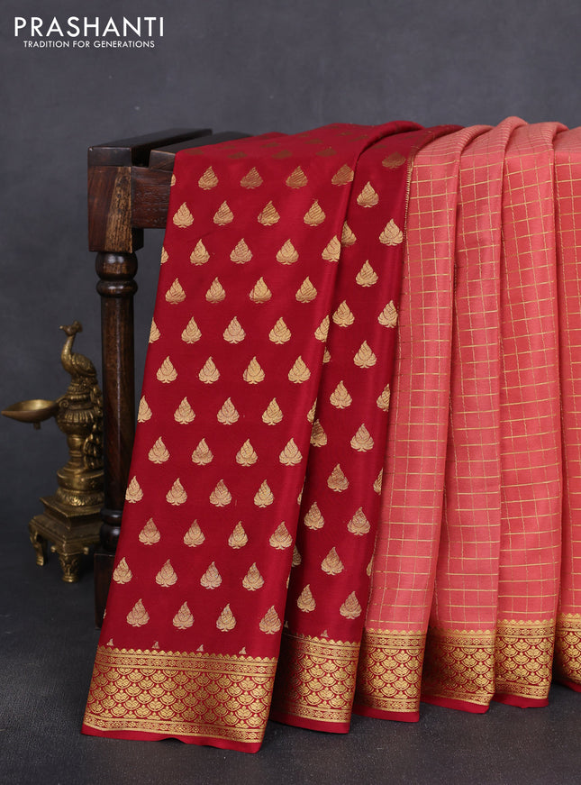 Pure mysore silk partly saree dark peach and maroon with allover zari woven checked pattern and zari woven border