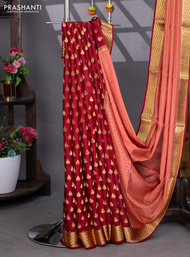 Pure mysore silk partly saree dark peach and maroon with allover zari woven checked pattern and zari woven border