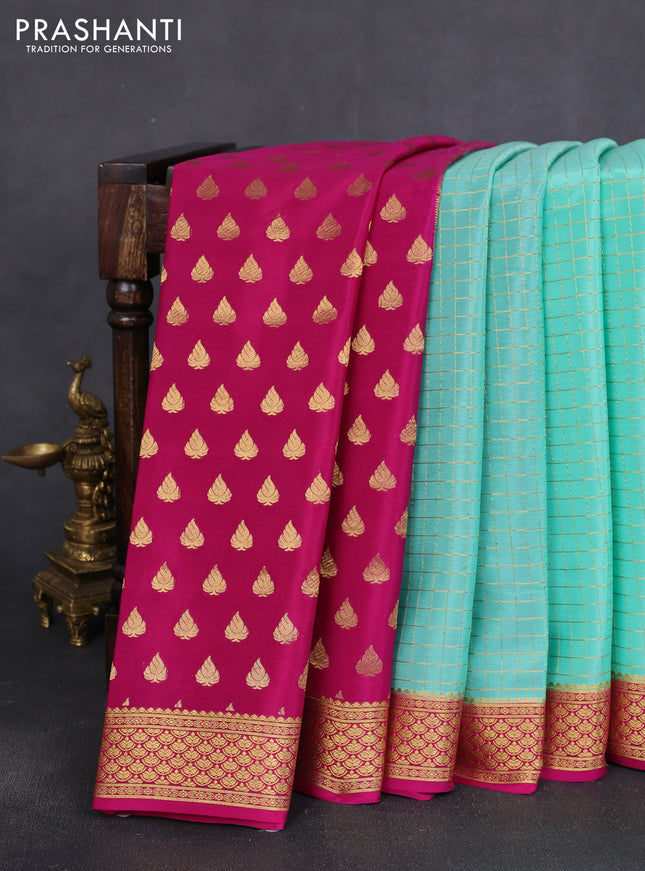 Pure mysore silk partly saree teal green shade and pink with allover zari woven checked pattern and zari woven border