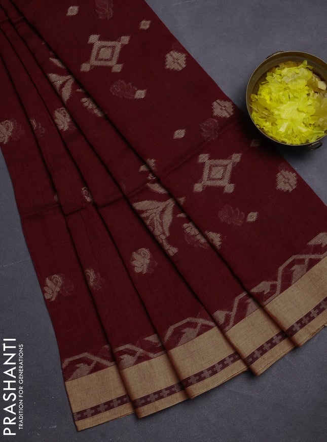 Khadi cotton saree maroon and sandal with allover thread woven buttas and thread woven border