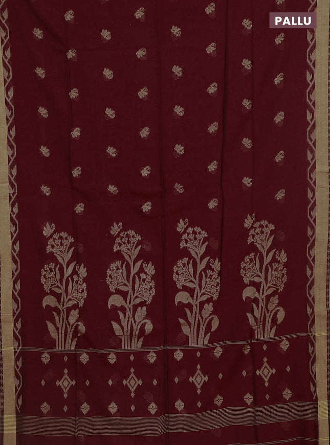 Khadi cotton saree maroon and sandal with allover thread woven buttas and thread woven border