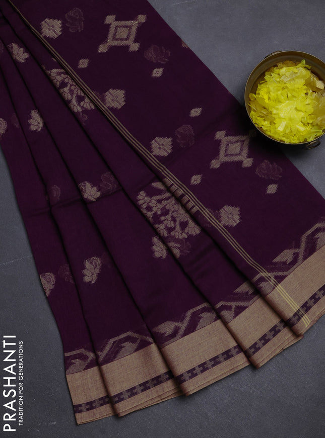 Khadi cotton saree purple and sandal with allover thread woven buttas and thread woven border