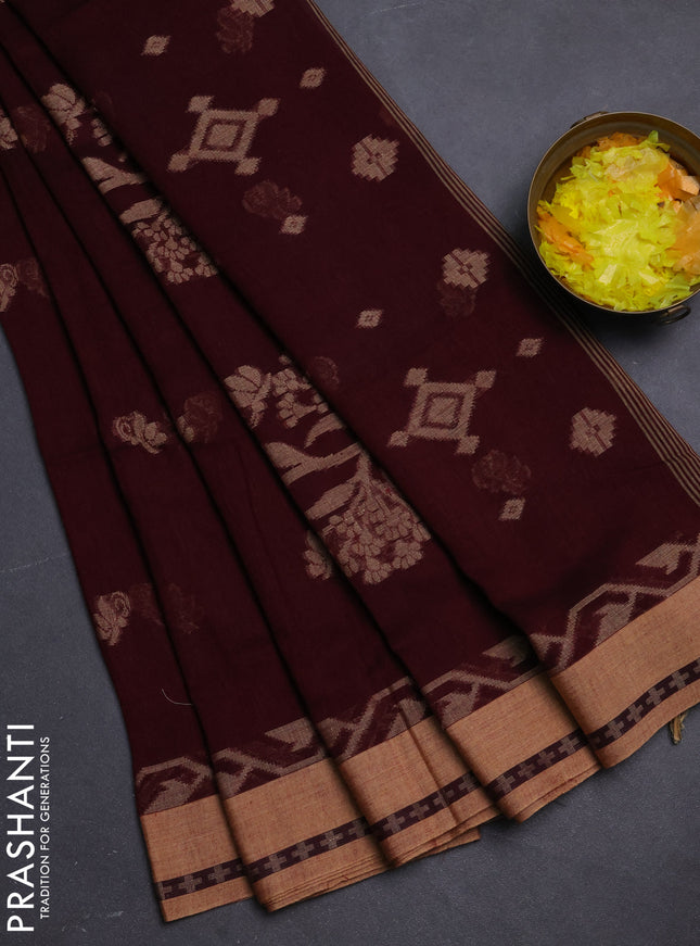 Khadi cotton saree maroon and sandal with allover thread woven buttas and thread woven border