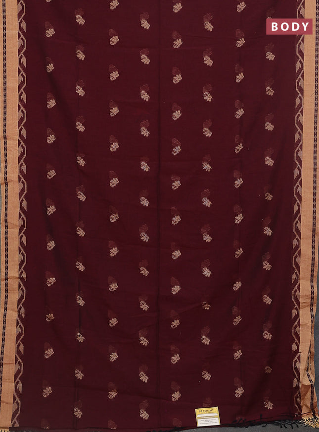 Khadi cotton saree maroon and sandal with allover thread woven buttas and thread woven border