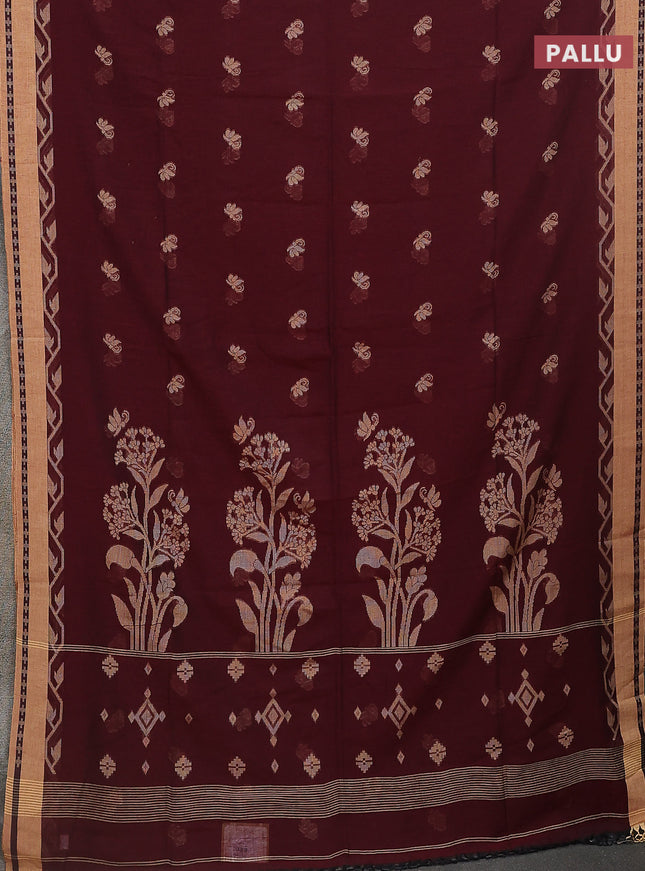 Khadi cotton saree maroon and sandal with allover thread woven buttas and thread woven border