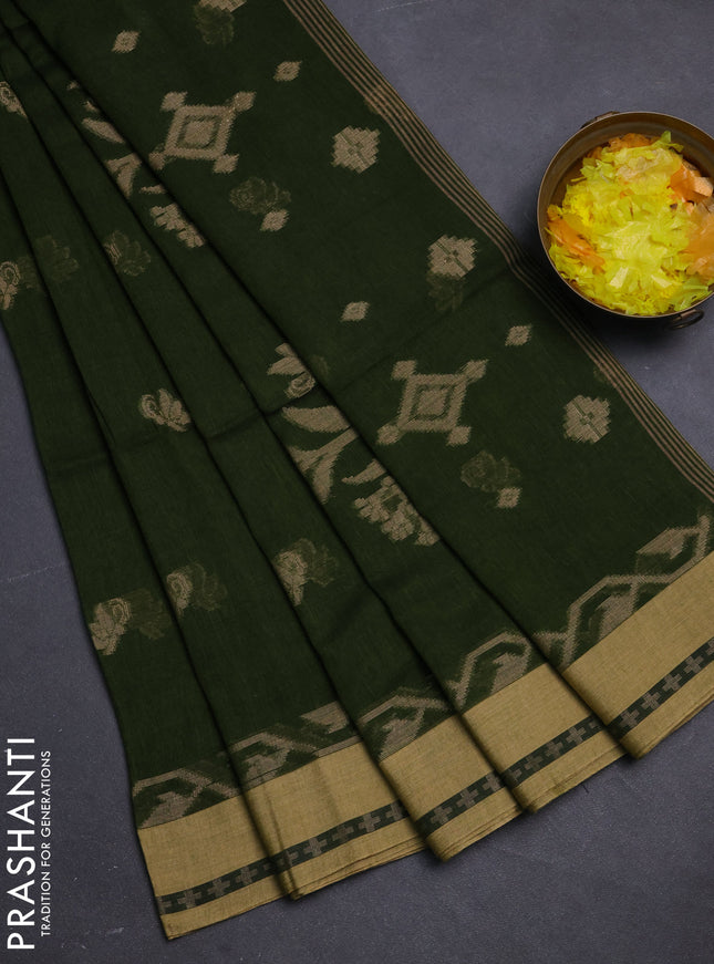 Khadi cotton saree green and sandal with allover thread woven buttas and thread woven border