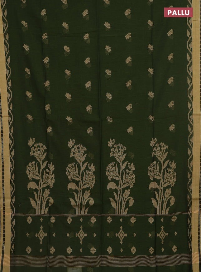 Khadi cotton saree green and sandal with allover thread woven buttas and thread woven border