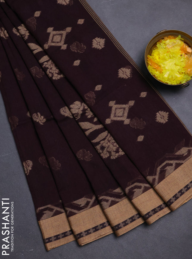 Khadi cotton saree deep maroon and sandal with allover thread woven buttas and thread woven border