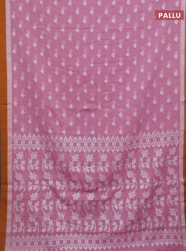 Khadi cotton saree pastel pink and dark mustard with allover floral thread woven buttas and thread woven border