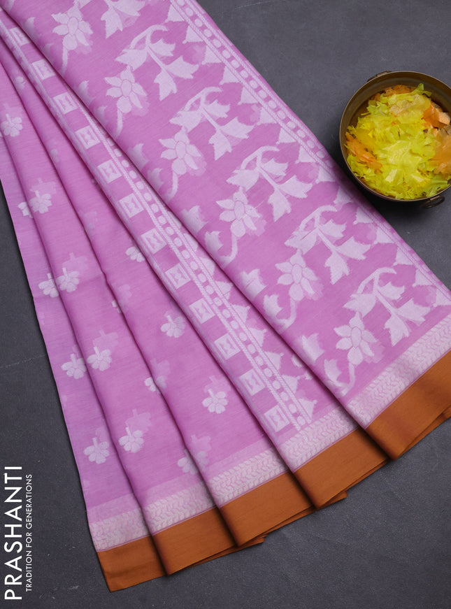 Khadi cotton saree lottus pink and dark mustard with allover floral thread woven buttas and thread woven border