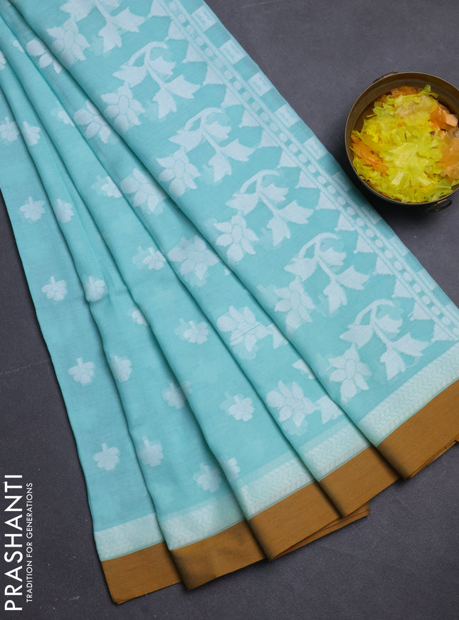 Khadi cotton saree teal shade and dark mustard with allover floral thread woven buttas and thread woven border