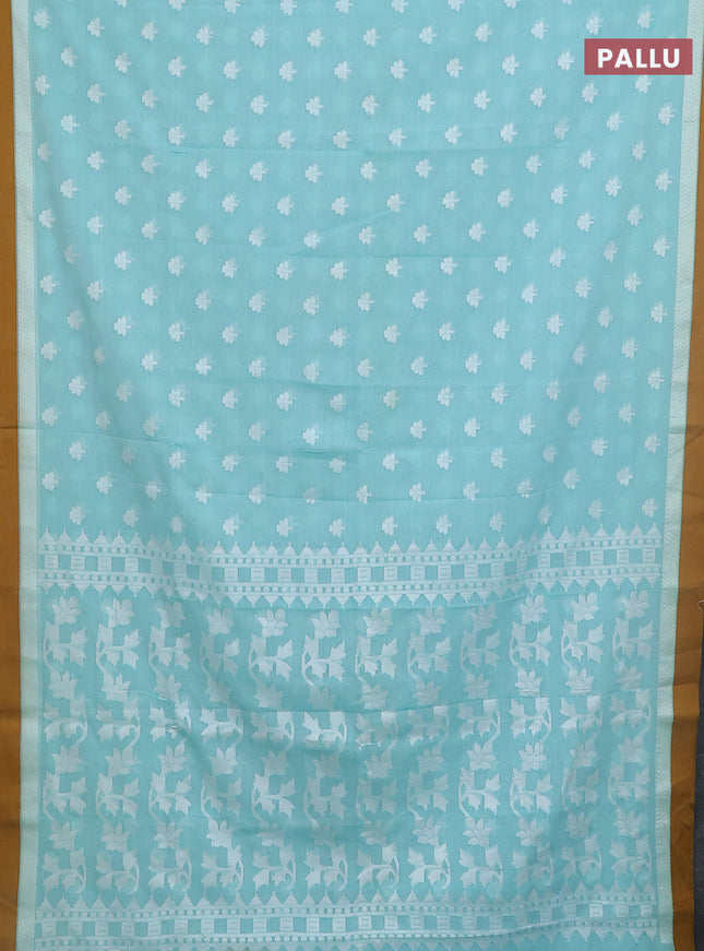 Khadi cotton saree teal shade and dark mustard with allover floral thread woven buttas and thread woven border