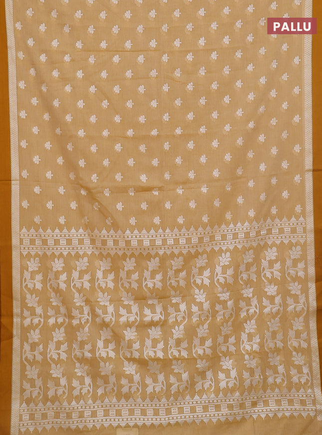 Khadi cotton saree sandal and dark mustard with allover floral thread woven buttas and thread woven border