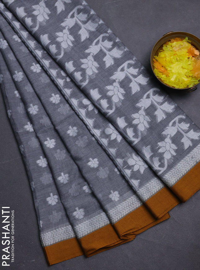 Khadi cotton saree grey and dark mustard with allover floral thread woven buttas and thread woven border