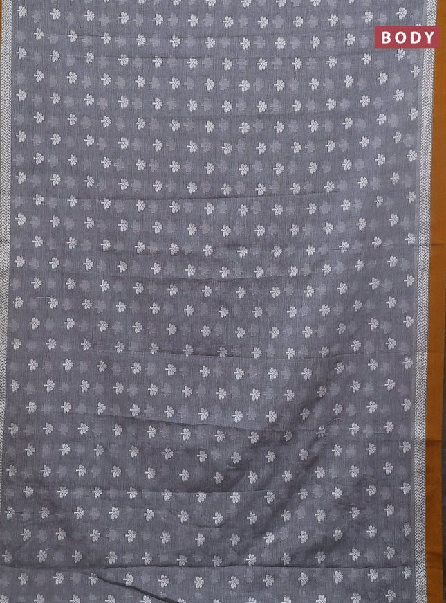 Khadi cotton saree grey and dark mustard with allover floral thread woven buttas and thread woven border