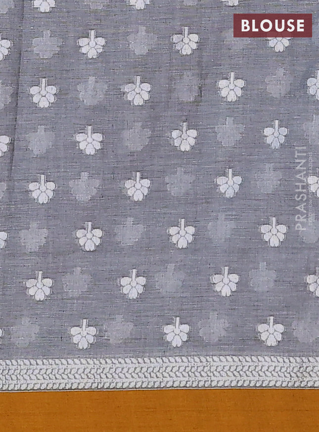 Khadi cotton saree grey and dark mustard with allover floral thread woven buttas and thread woven border